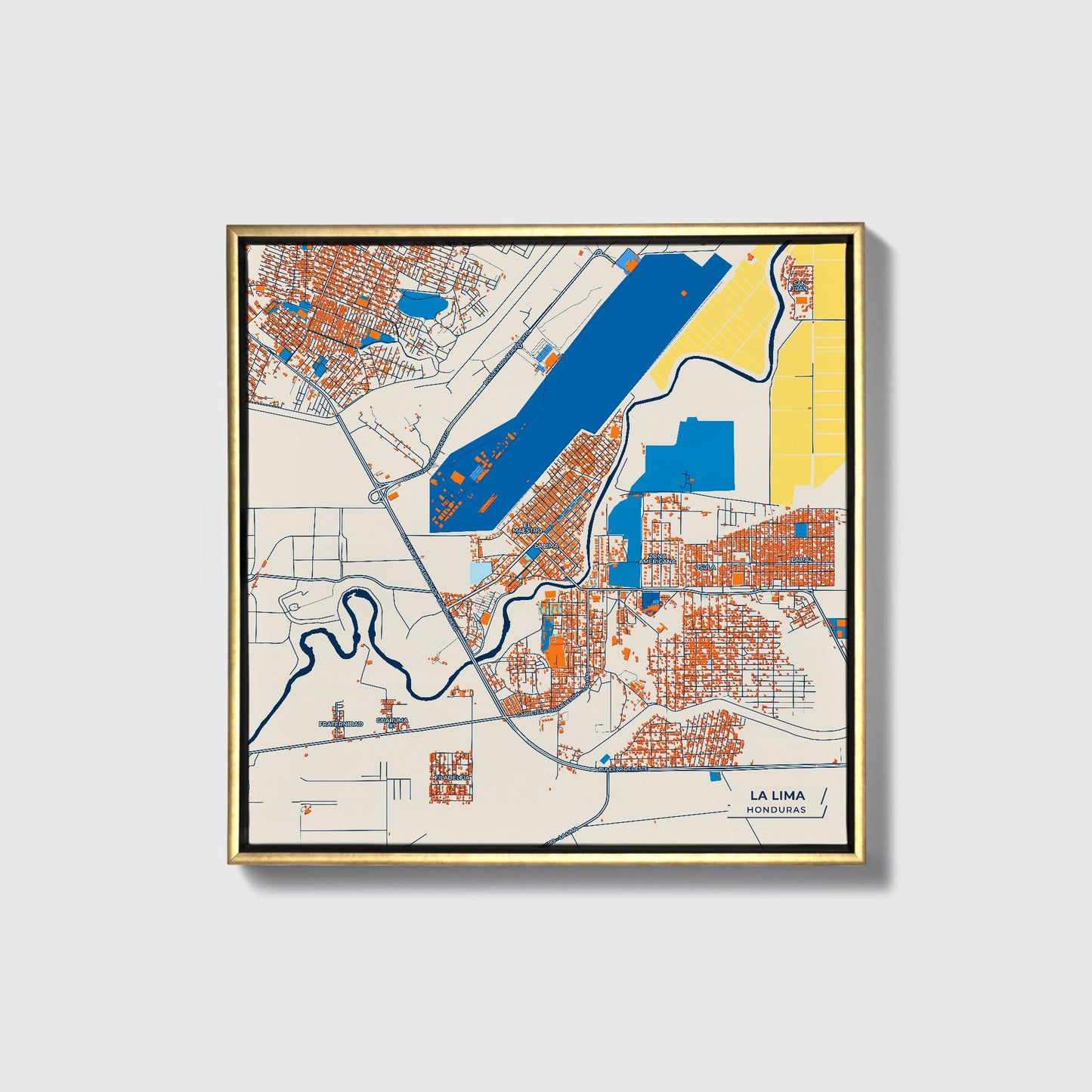 La Lima Honduras Colorful City Map Canvas Print • Gold Framed