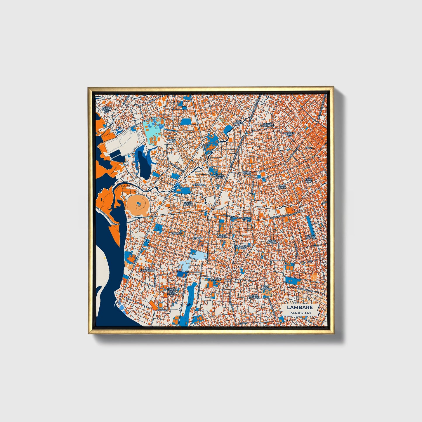 Lambare Paraguay Colorful City Map Canvas Print • Gold Framed