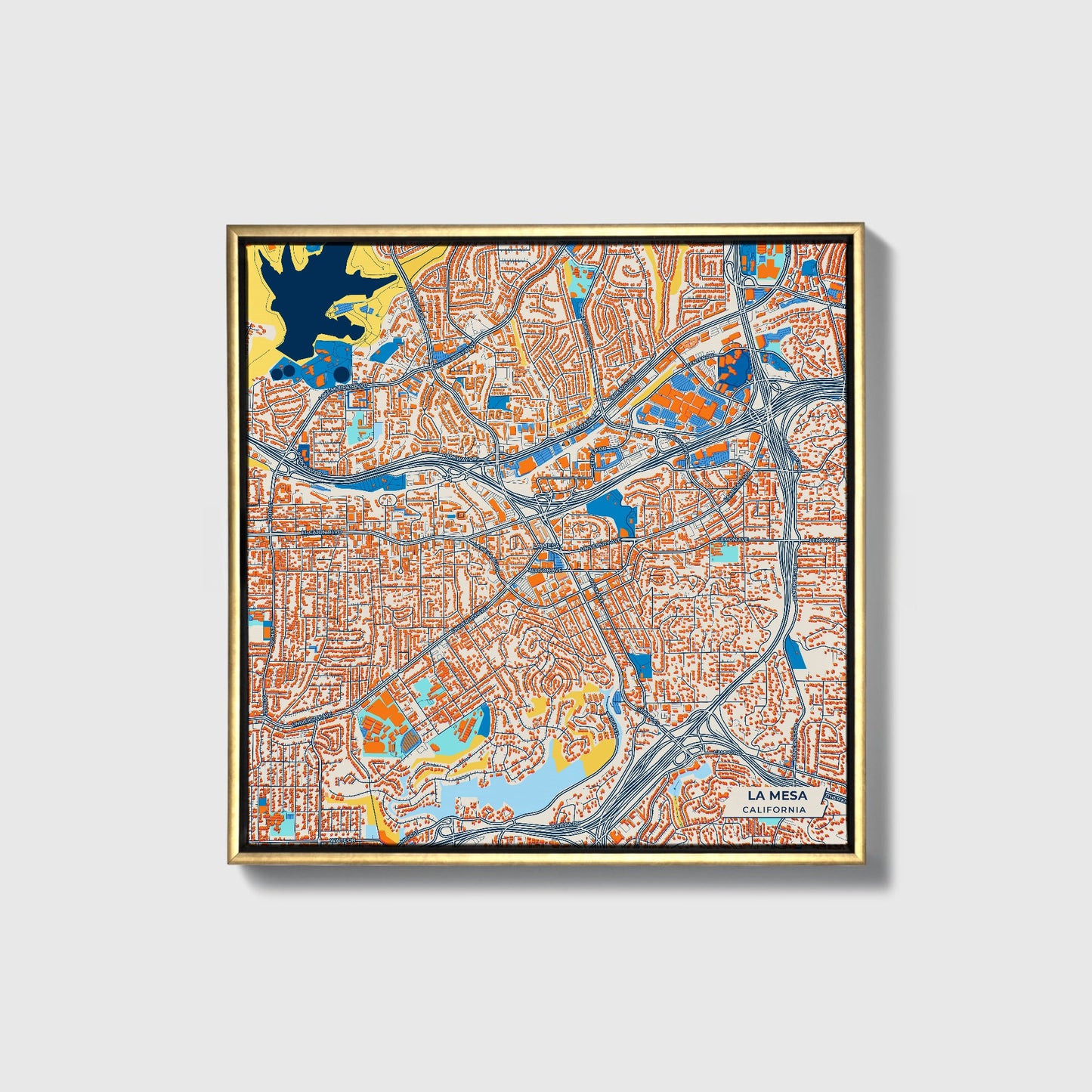 La Mesa California Colorful City Map Canvas Print • Gold Framed