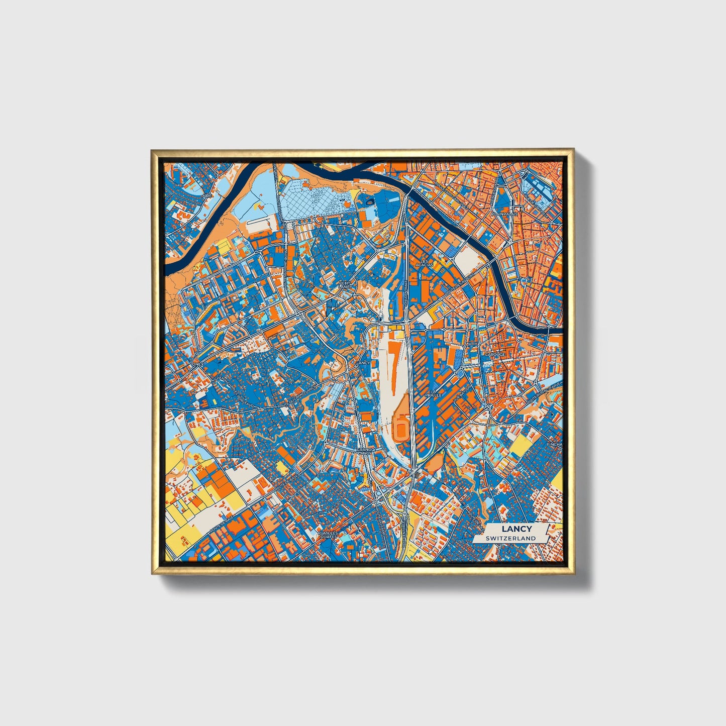 Lancy Switzerland Colorful City Map Canvas Print • Gold Framed