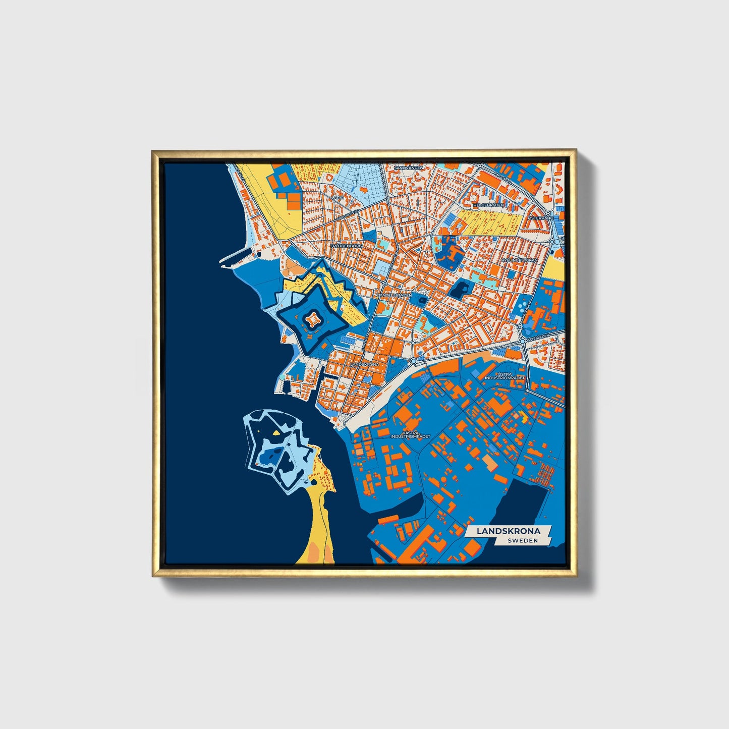 Landskrona Sweden Colorful City Map Canvas Print • Gold Framed