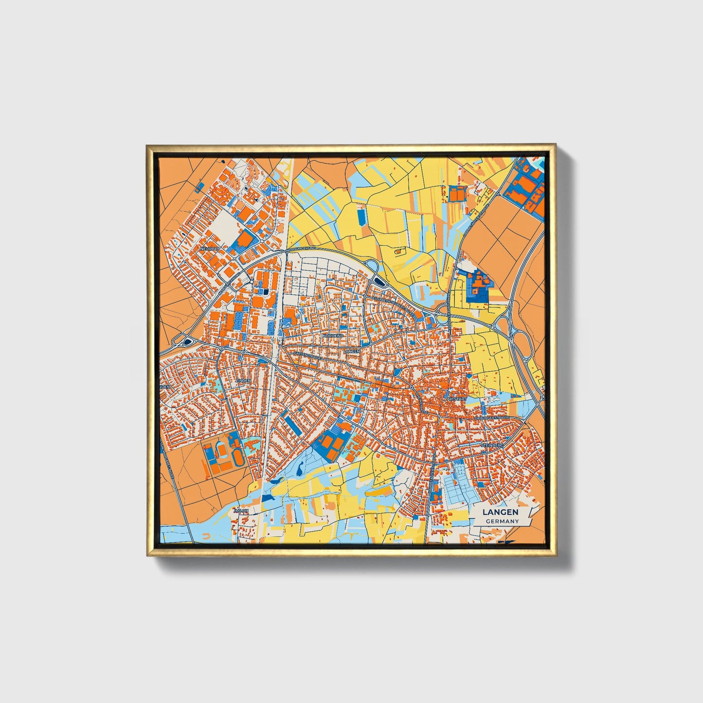 Langen Germany Colorful City Map Canvas Print • Gold Framed