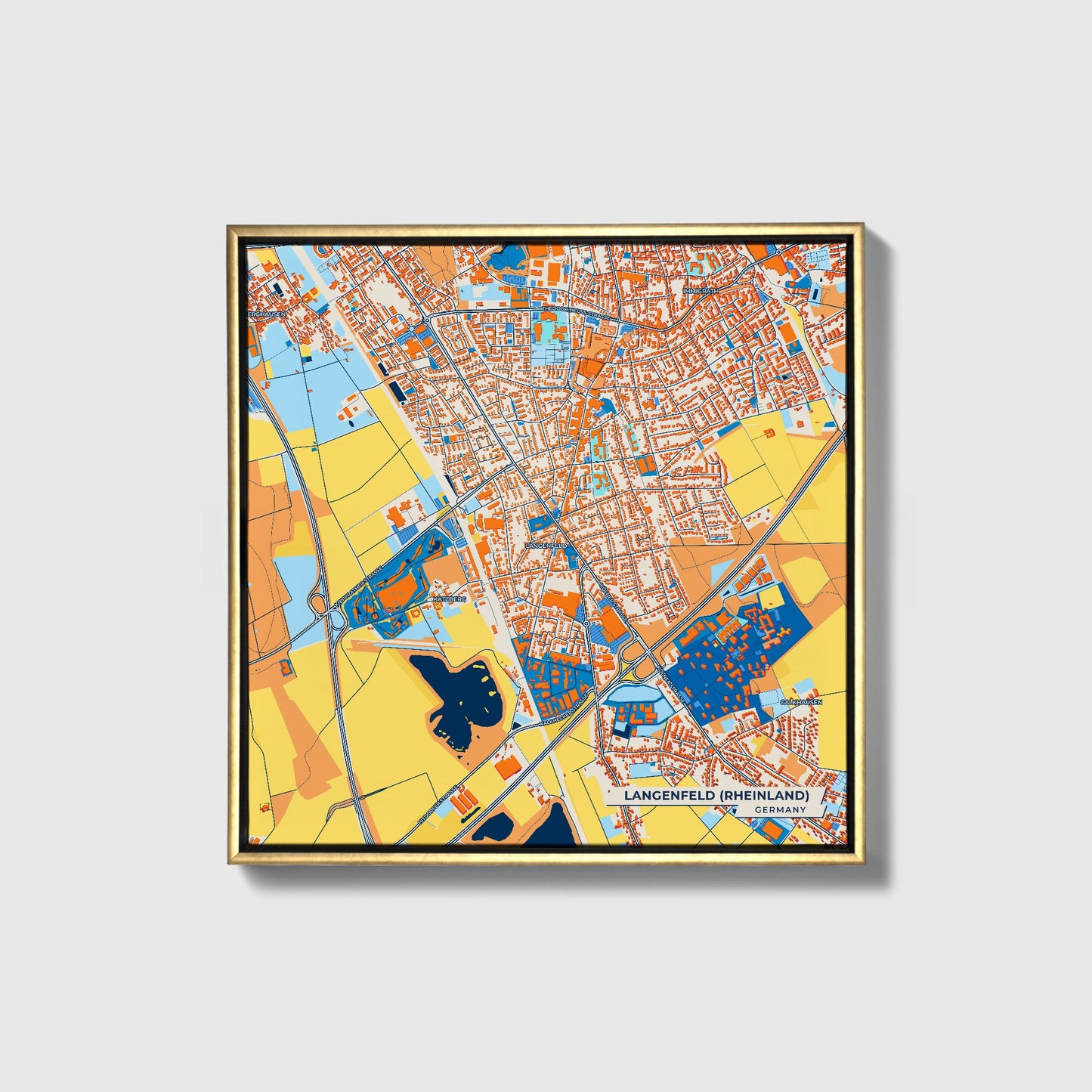 Langenfeld (Rheinland) Germany Colorful City Map Canvas Print • Gold Framed