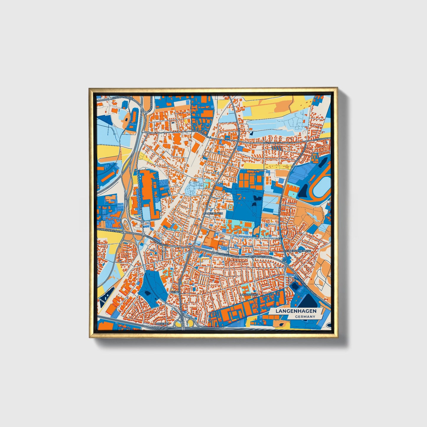 Langenhagen Germany Colorful City Map Canvas Print • Gold Framed