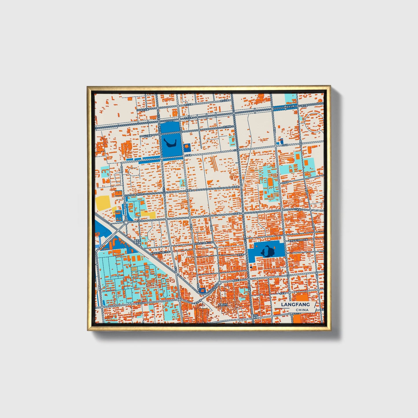 Langfang China Colorful City Map Canvas Print • Gold Framed