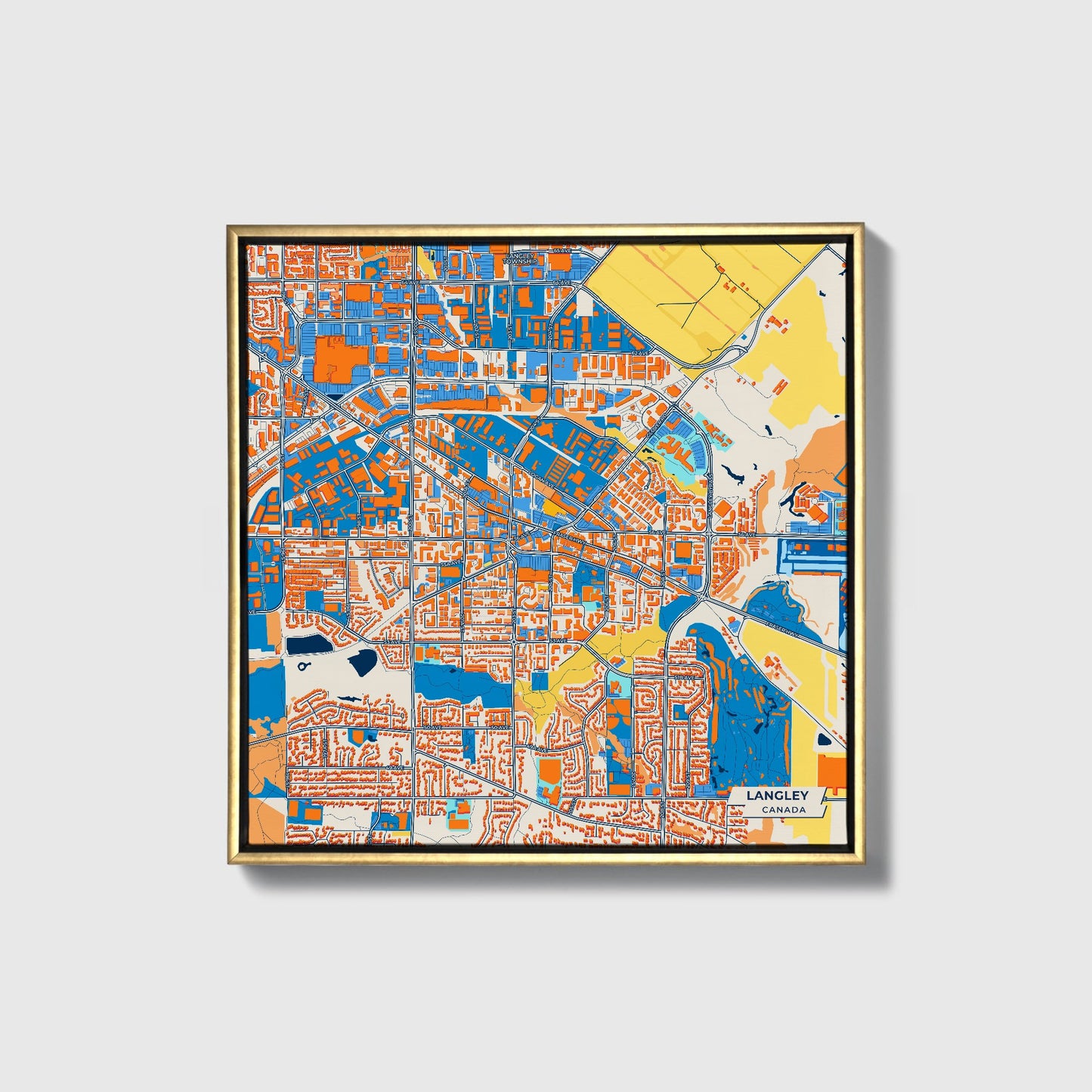 Langley Canada Colorful City Map Canvas Print • Gold Framed