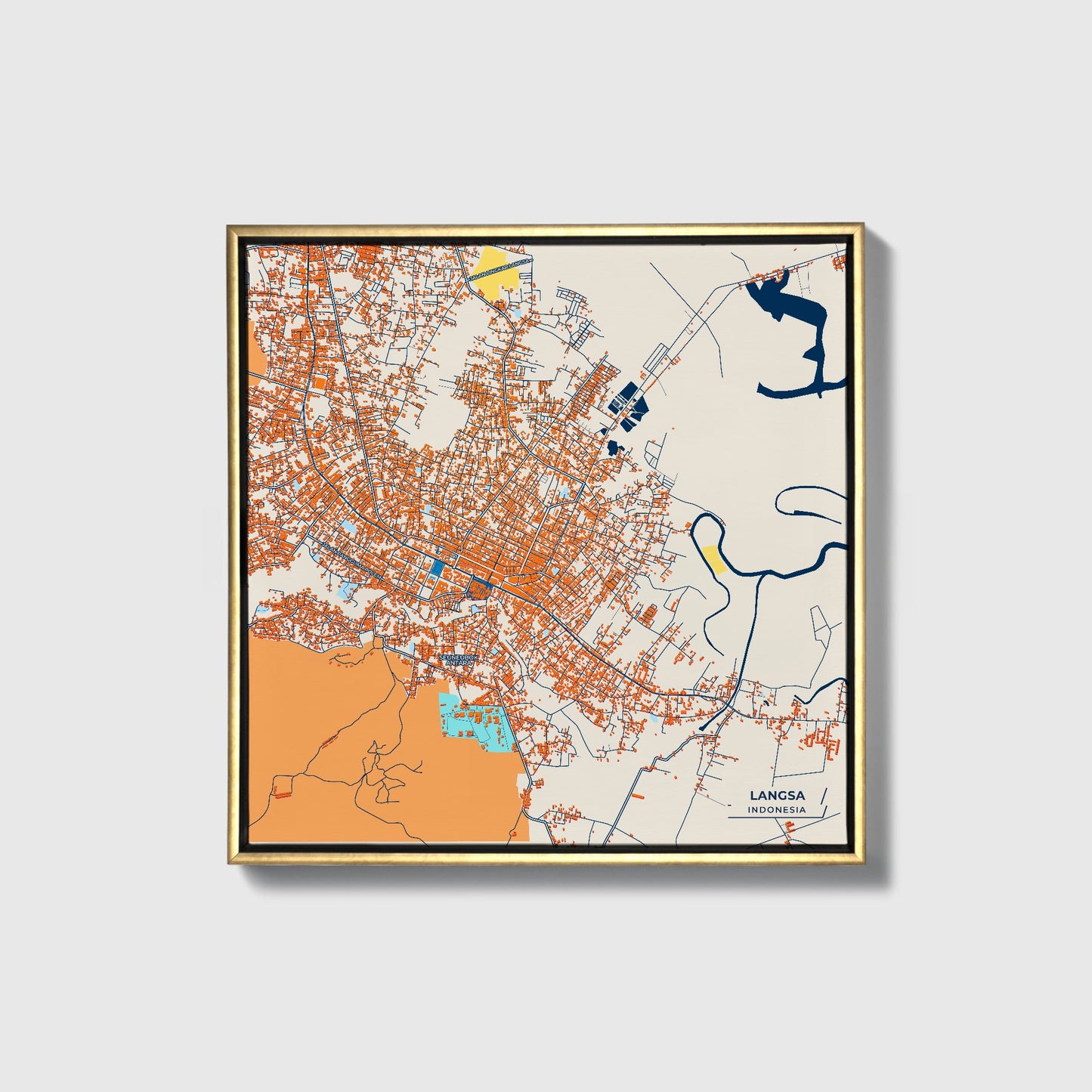 Langsa Indonesia Colorful City Map Canvas Print • Gold Framed
