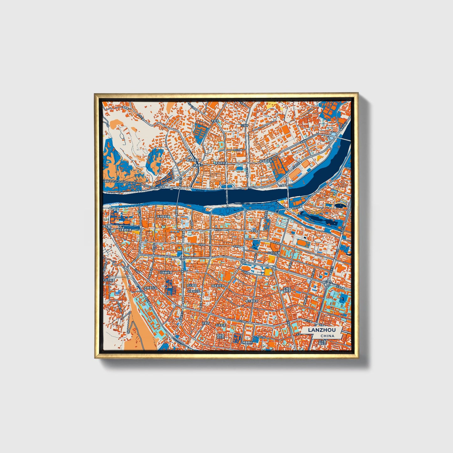 Lanzhou China Colorful City Map Canvas Print • Gold Framed