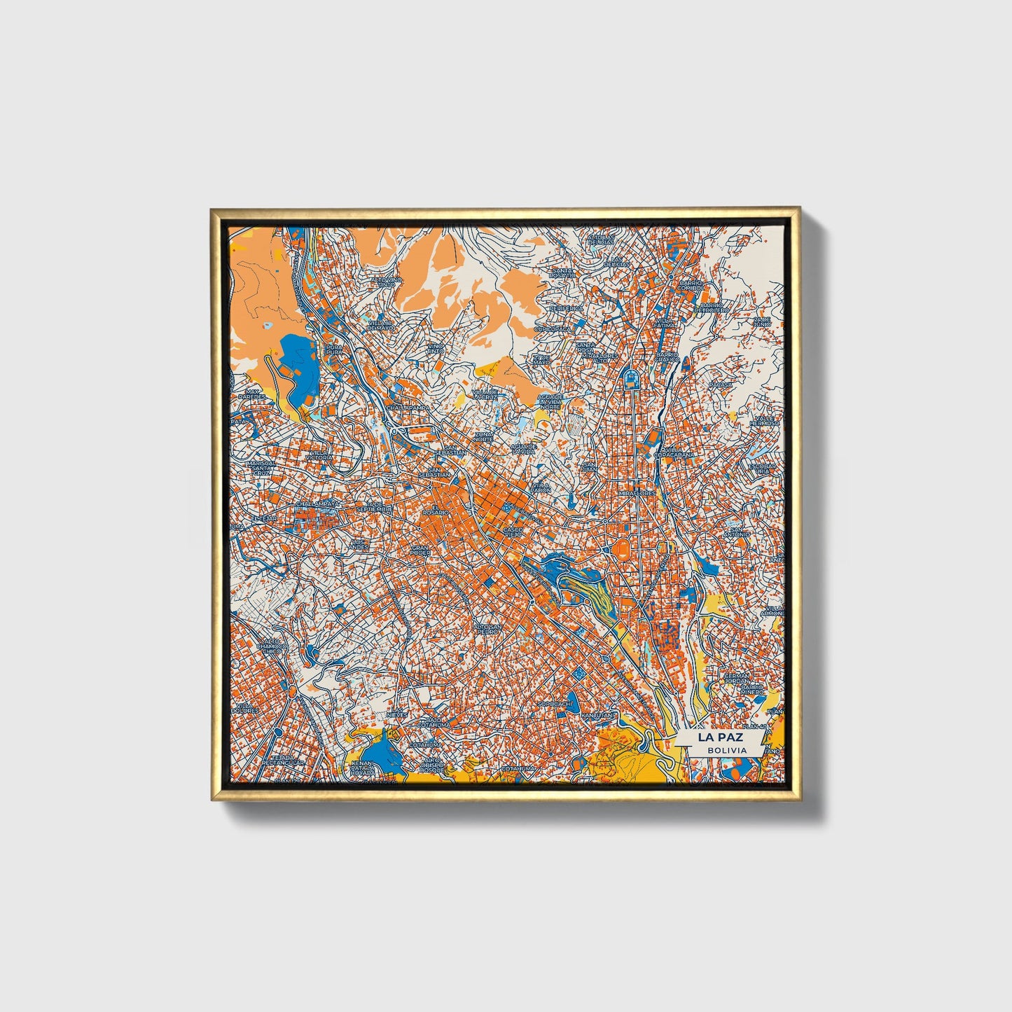 La Paz Bolivia Colorful City Map Canvas Print • Gold Framed