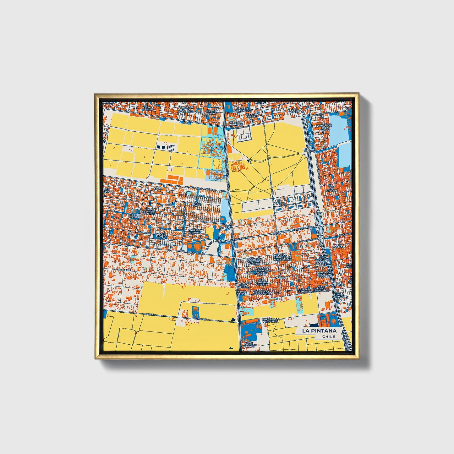 La Pintana Chile Colorful City Map Canvas Print • Gold Framed