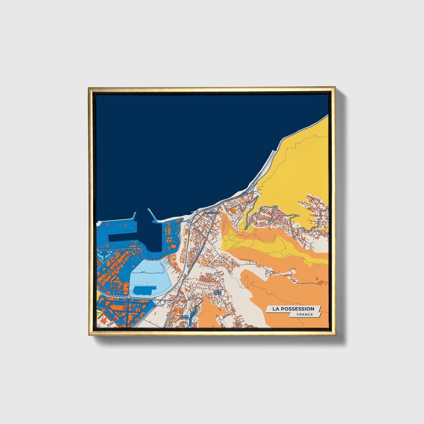 La Possession France Colorful City Map Canvas Print • Gold Framed