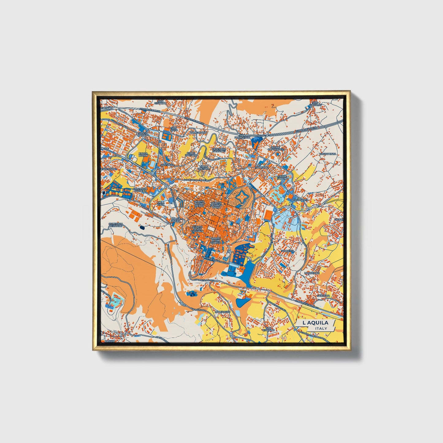 L Aquila Italy Colorful City Map Canvas Print • Gold Framed