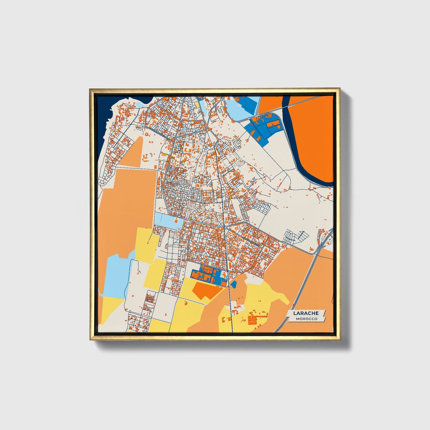 Larache Morocco Colorful City Map Canvas Print • Gold Framed