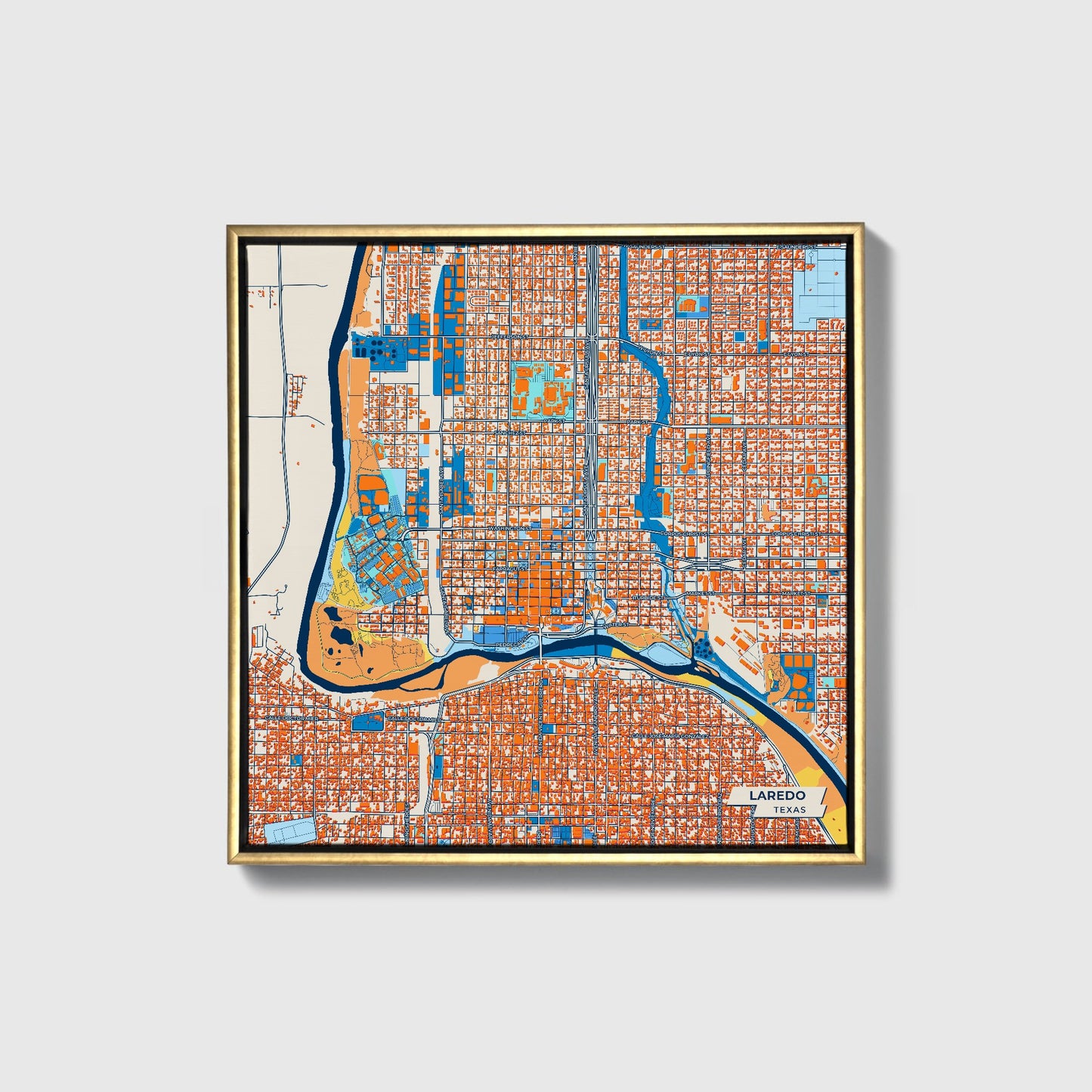 Laredo Texas Colorful City Map Canvas Print • Gold Framed