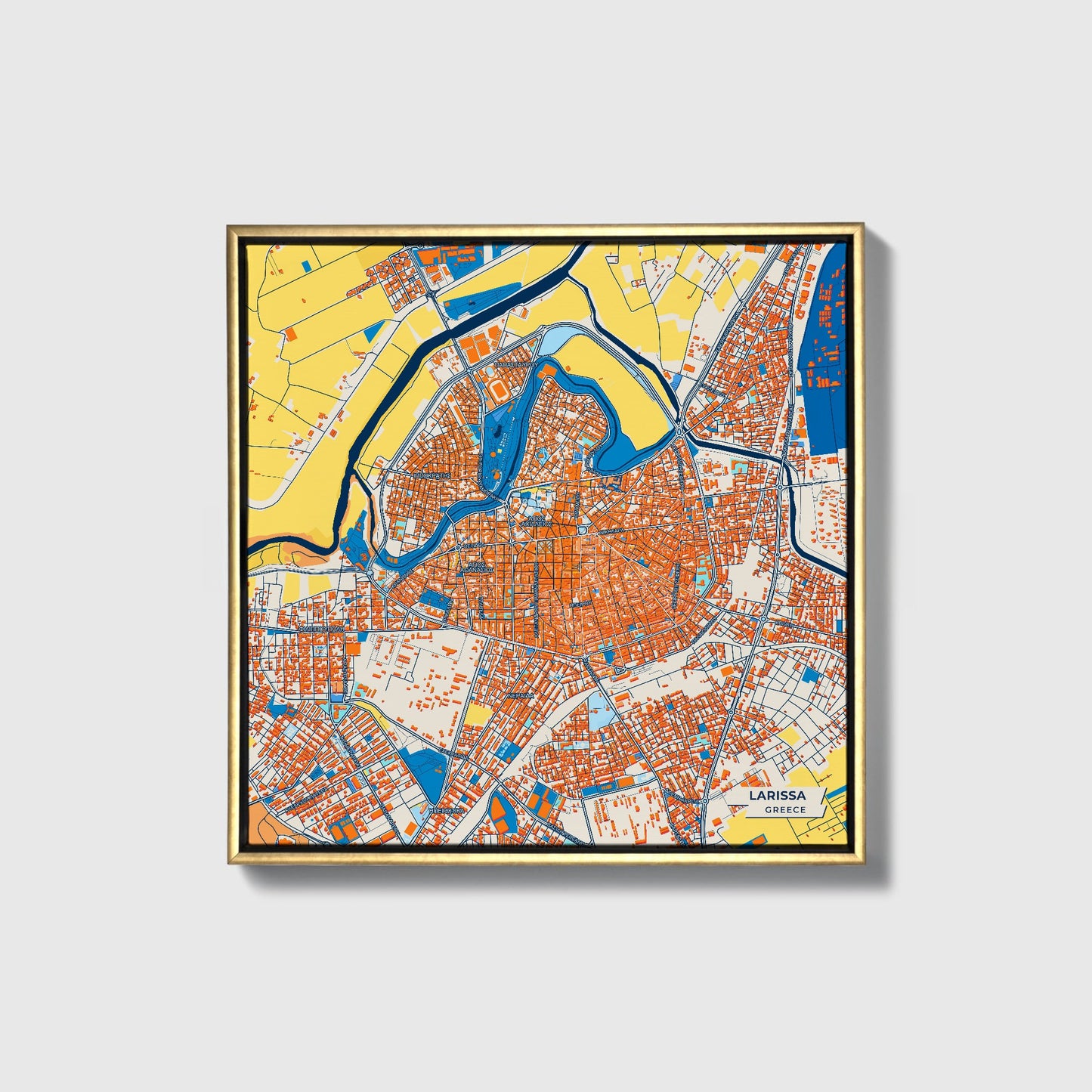Λαρισα Greece Colorful City Map Canvas Print • Gold Framed