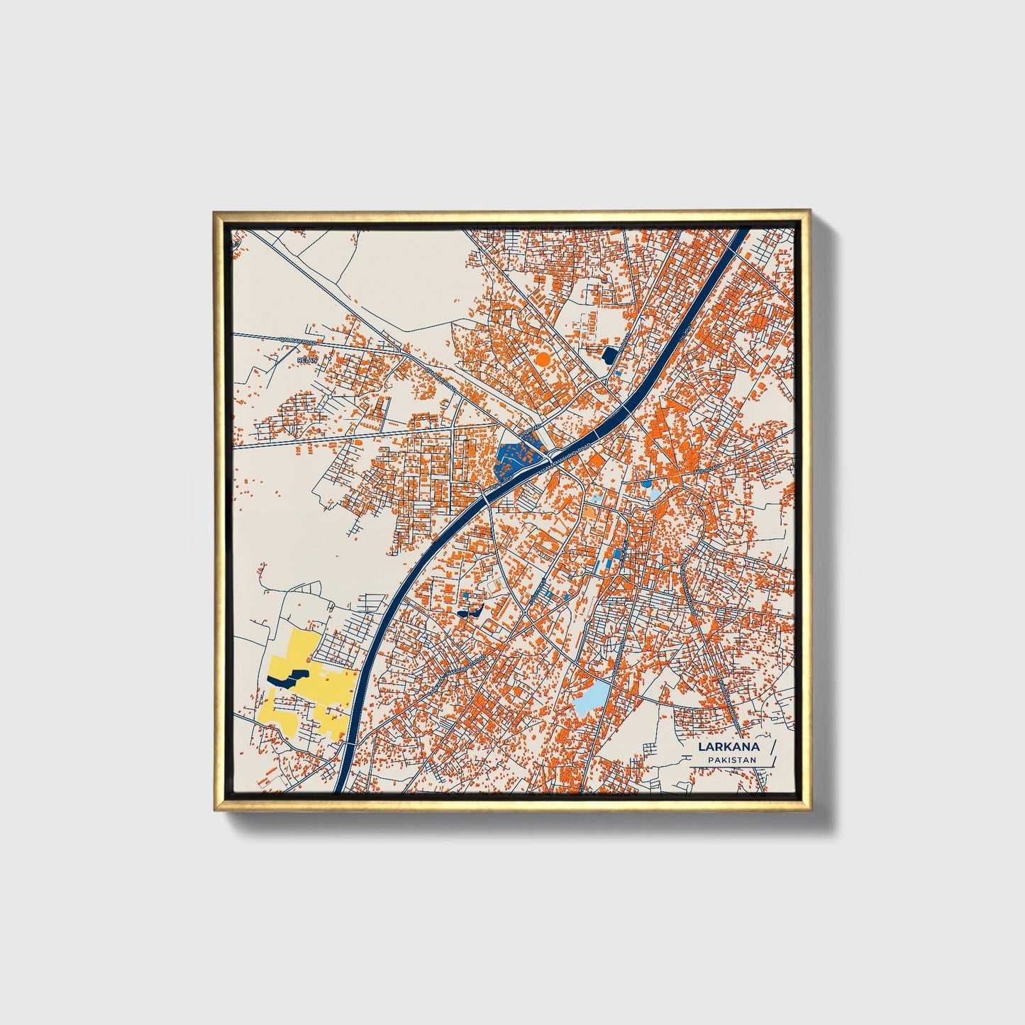 Larkana Pakistan Colorful City Map Canvas Print • Gold Framed