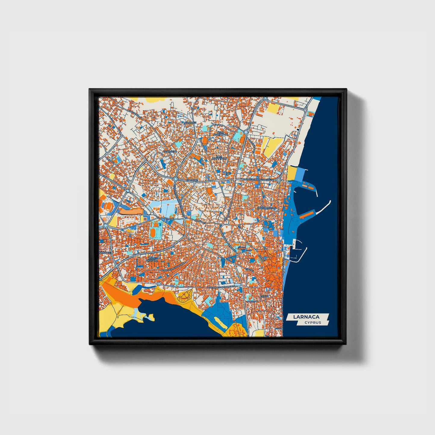 Larnaca Cyprus Colorful City Map Canvas Print • Black Framed