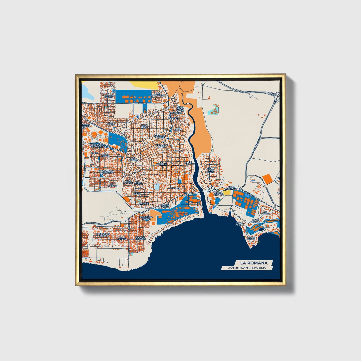 La Romana Dominican Republic Colorful City Map Canvas Print • Gold Framed