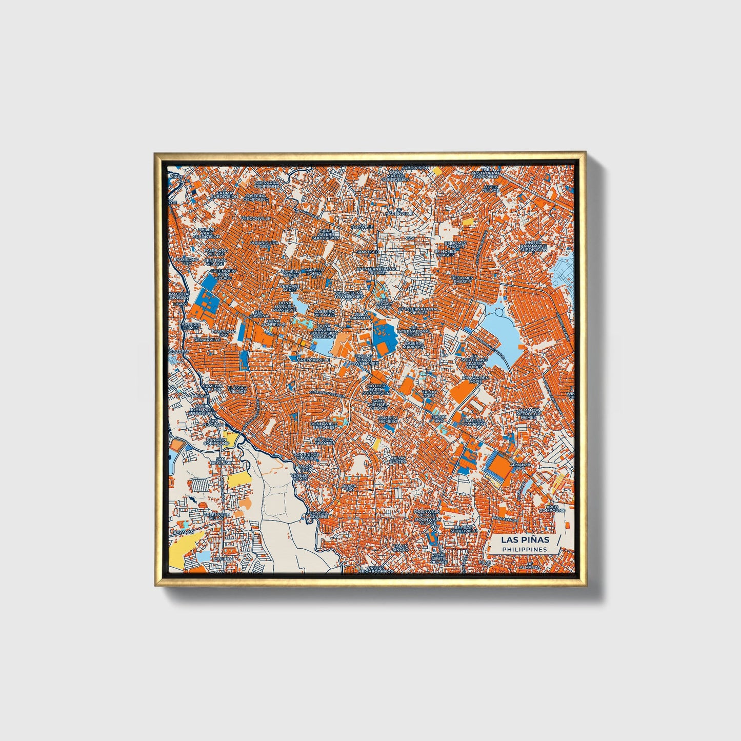Las Piñas Philippines Colorful City Map Canvas Print • Gold Framed