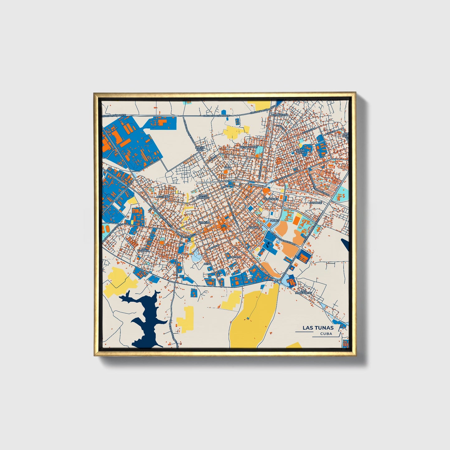 Las Tunas Cuba Colorful City Map Canvas Print • Gold Framed