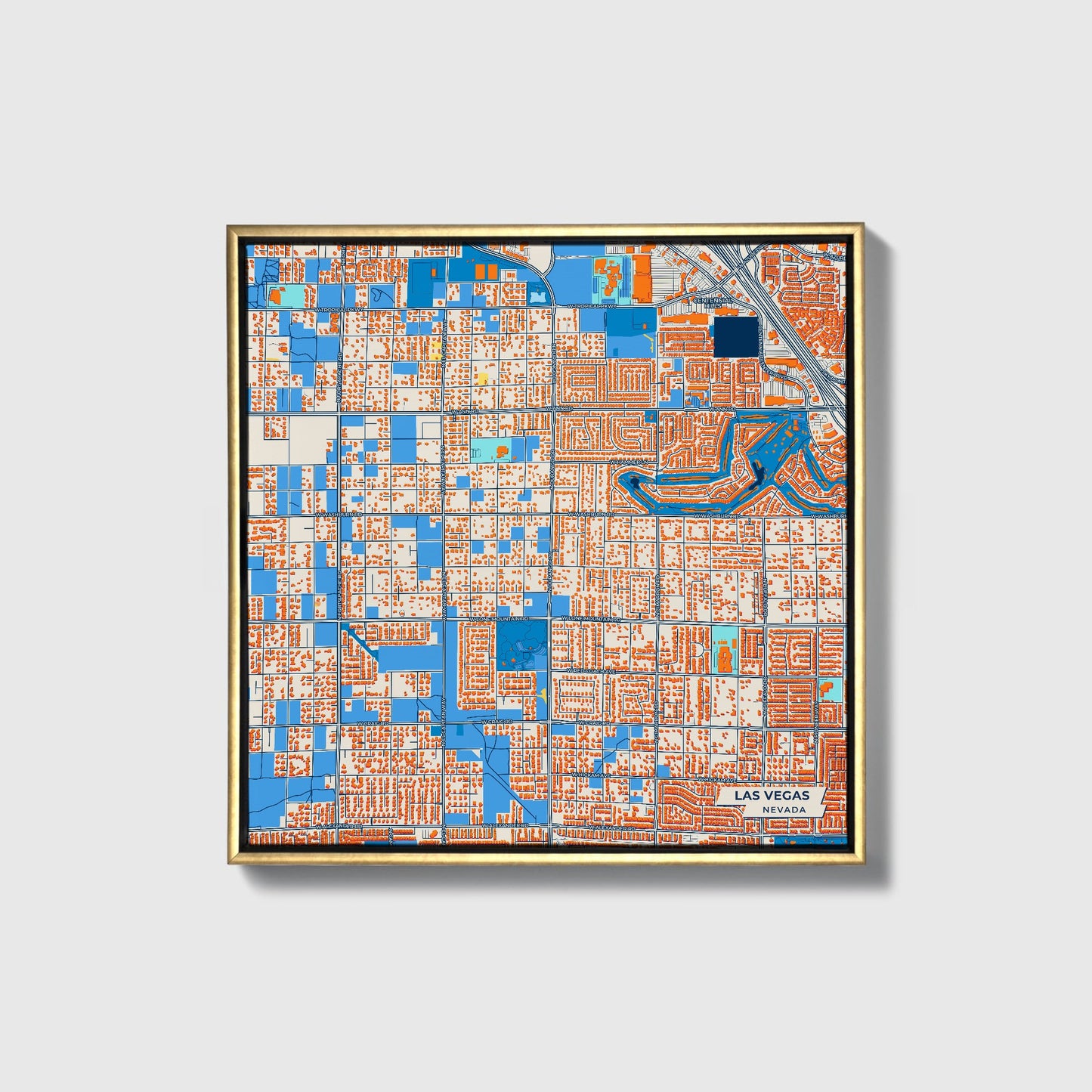 Las Vegas Nevada Colorful City Map Canvas Print • Gold Framed
