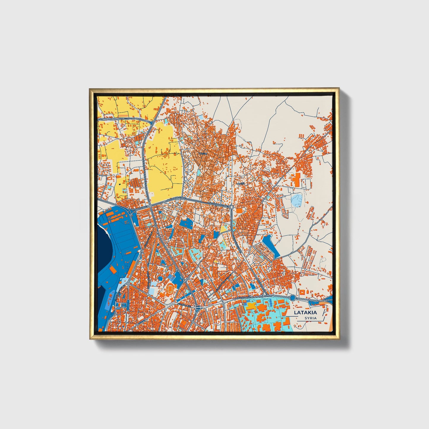 Latakia Syria Colorful City Map Canvas Print • Gold Framed