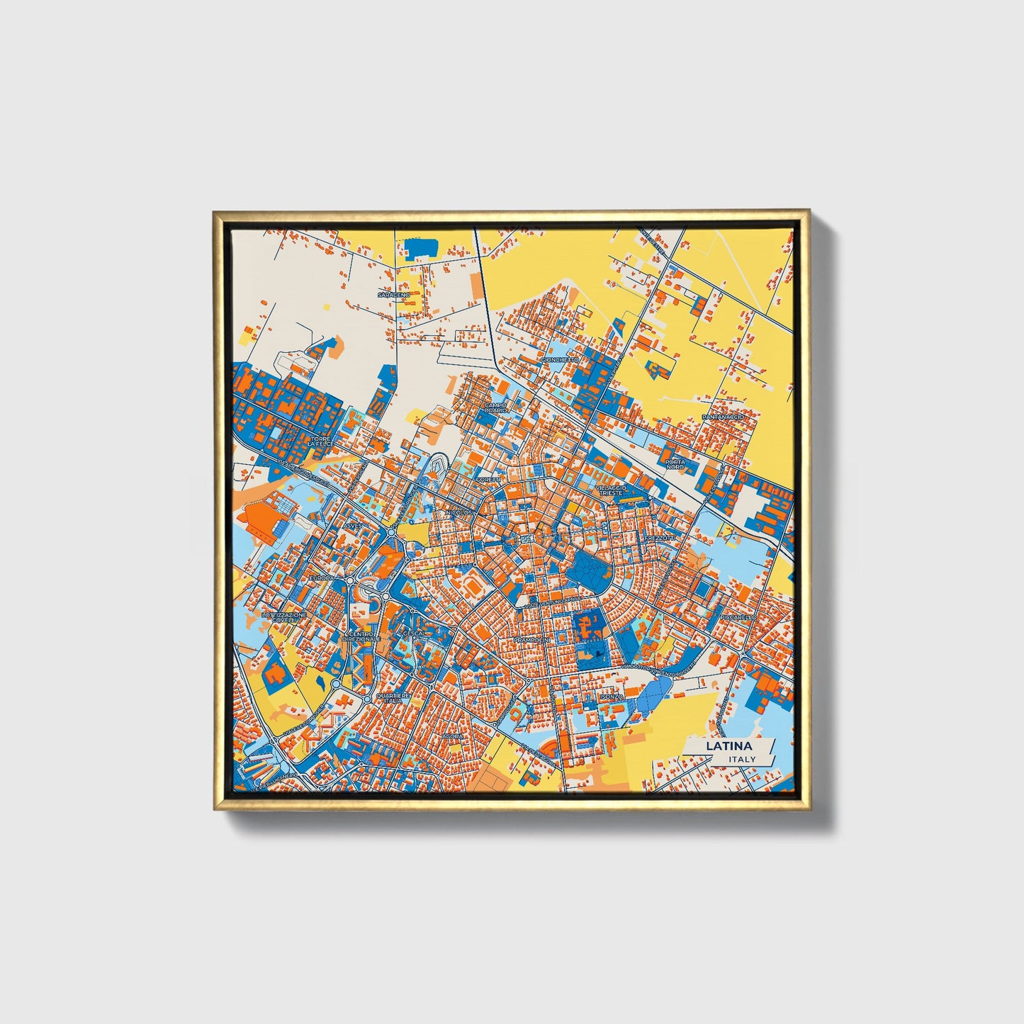 Latina Italy Colorful City Map Canvas Print • Gold Framed