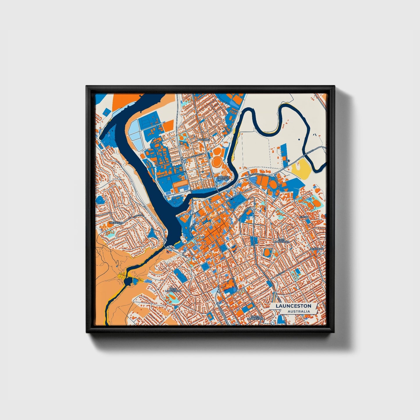 Launceston Australia Colorful City Map Canvas Print • Black Framed