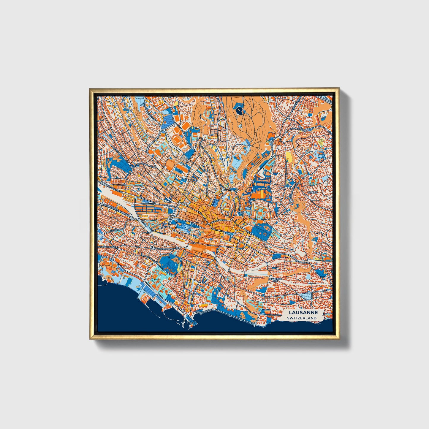Lausanne Switzerland Colorful City Map Canvas Print • Gold Framed