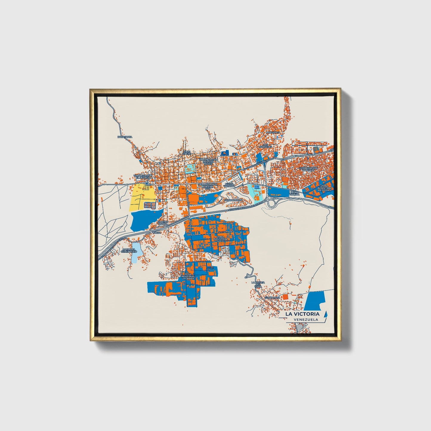 La Victoria Venezuela Colorful City Map Canvas Print • Gold Framed