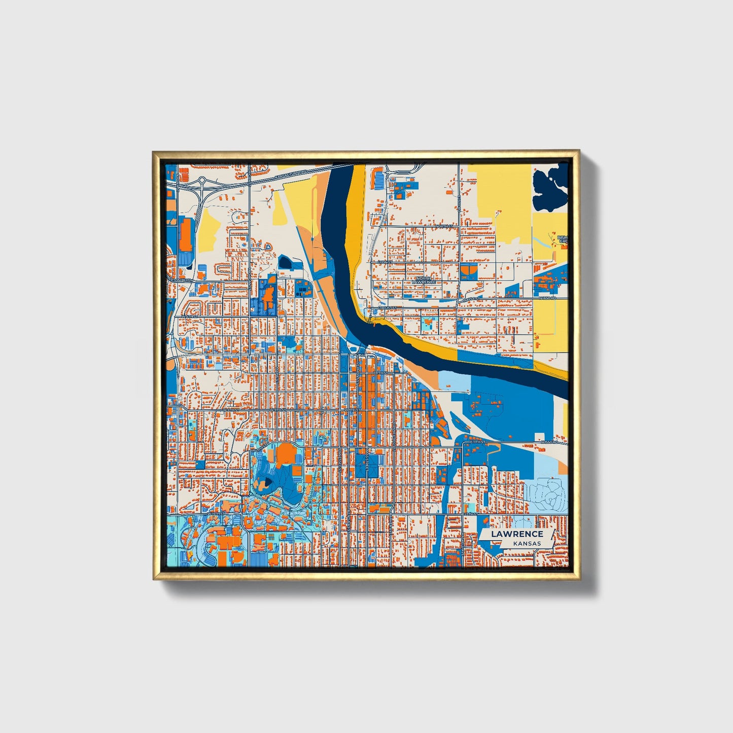 Lawrence Kansas Colorful City Map Canvas Print • Gold Framed