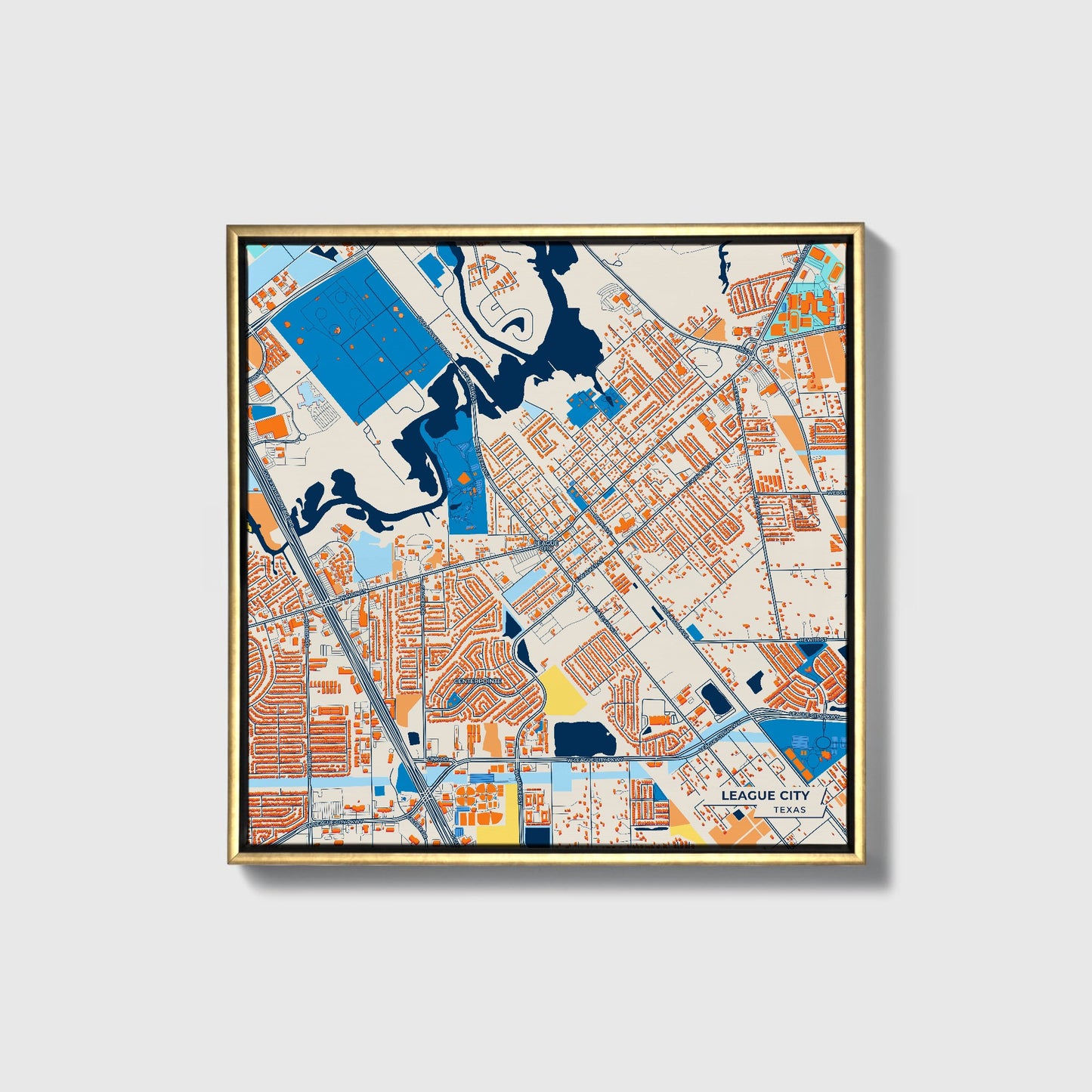 League City Texas Colorful City Map Canvas Print • Gold Framed