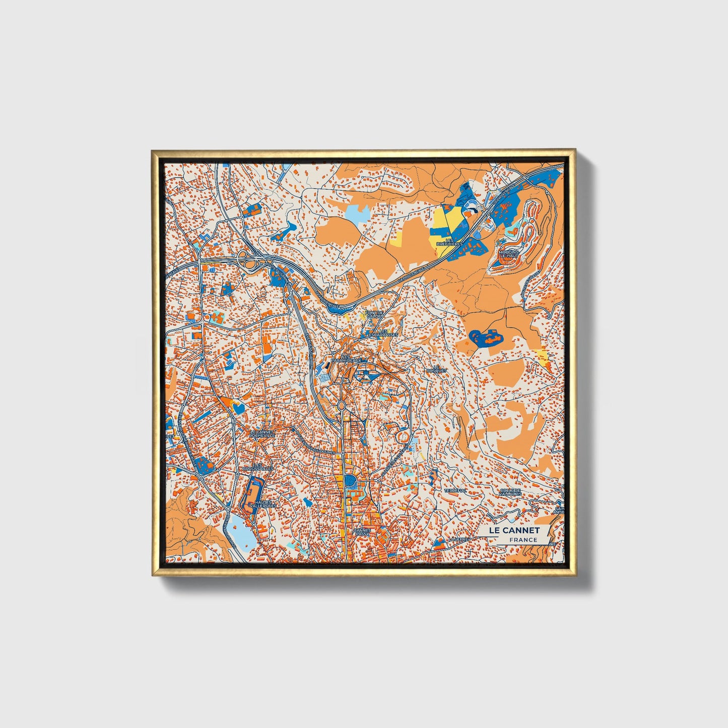 Le Cannet France Colorful City Map Canvas Print • Gold Framed