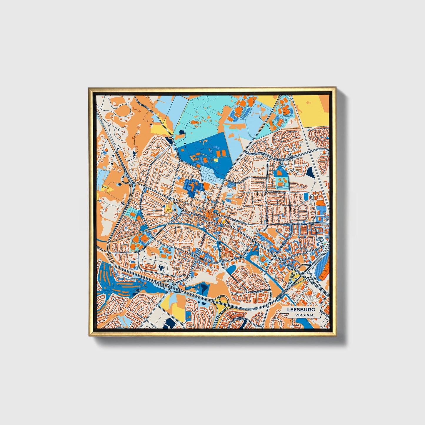 Leesburg Virginia Colorful City Map Canvas Print • Gold Framed