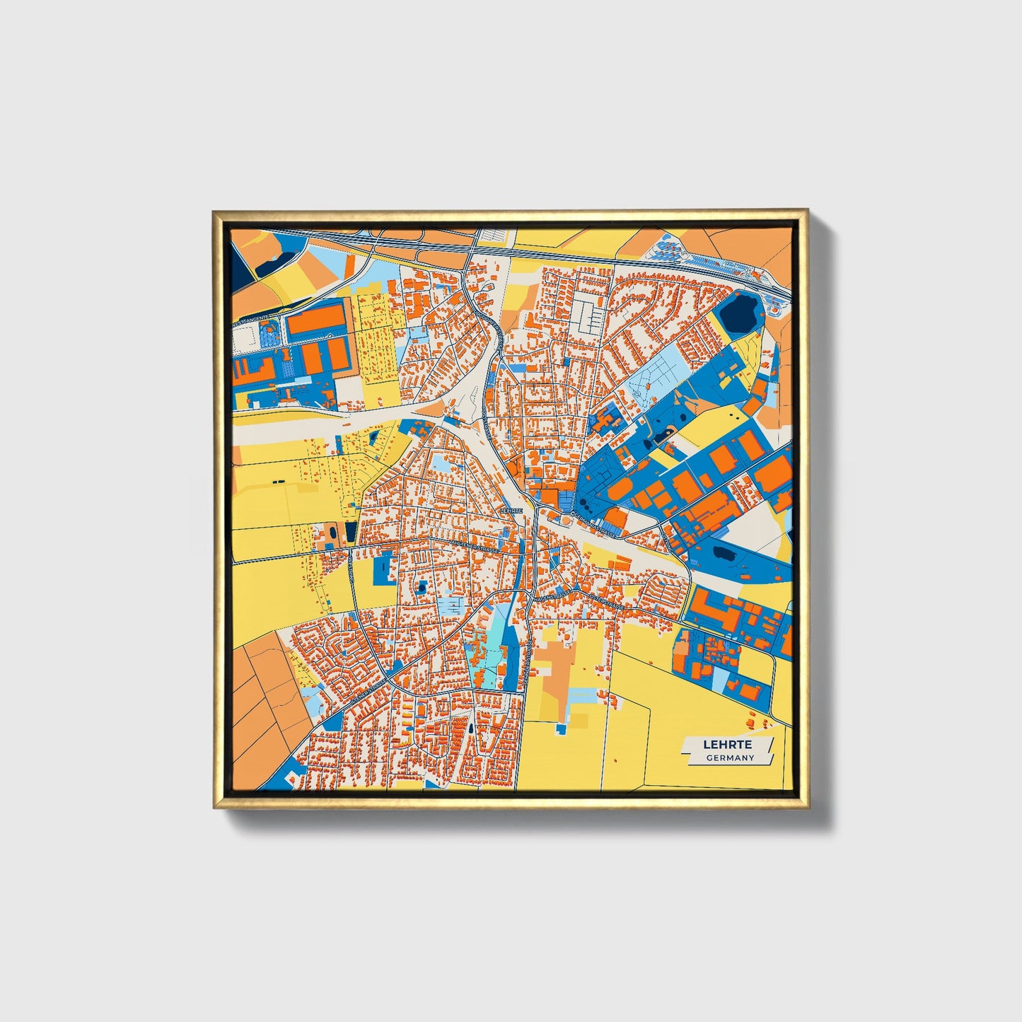 Lehrte Germany Colorful City Map Canvas Print • Gold Framed