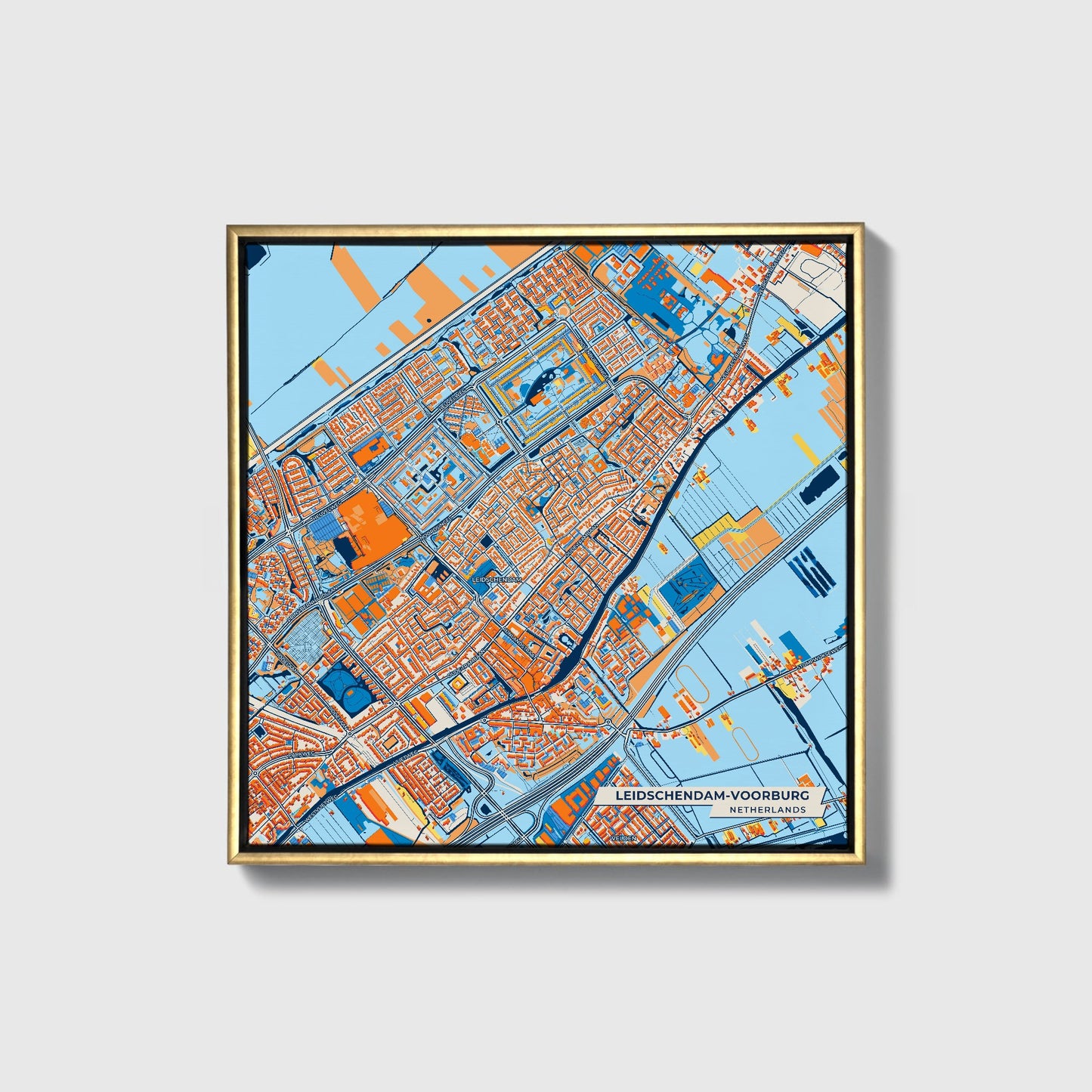 Leidschendam-Voorburg Netherlands Colorful City Map Canvas Print • Gold Framed