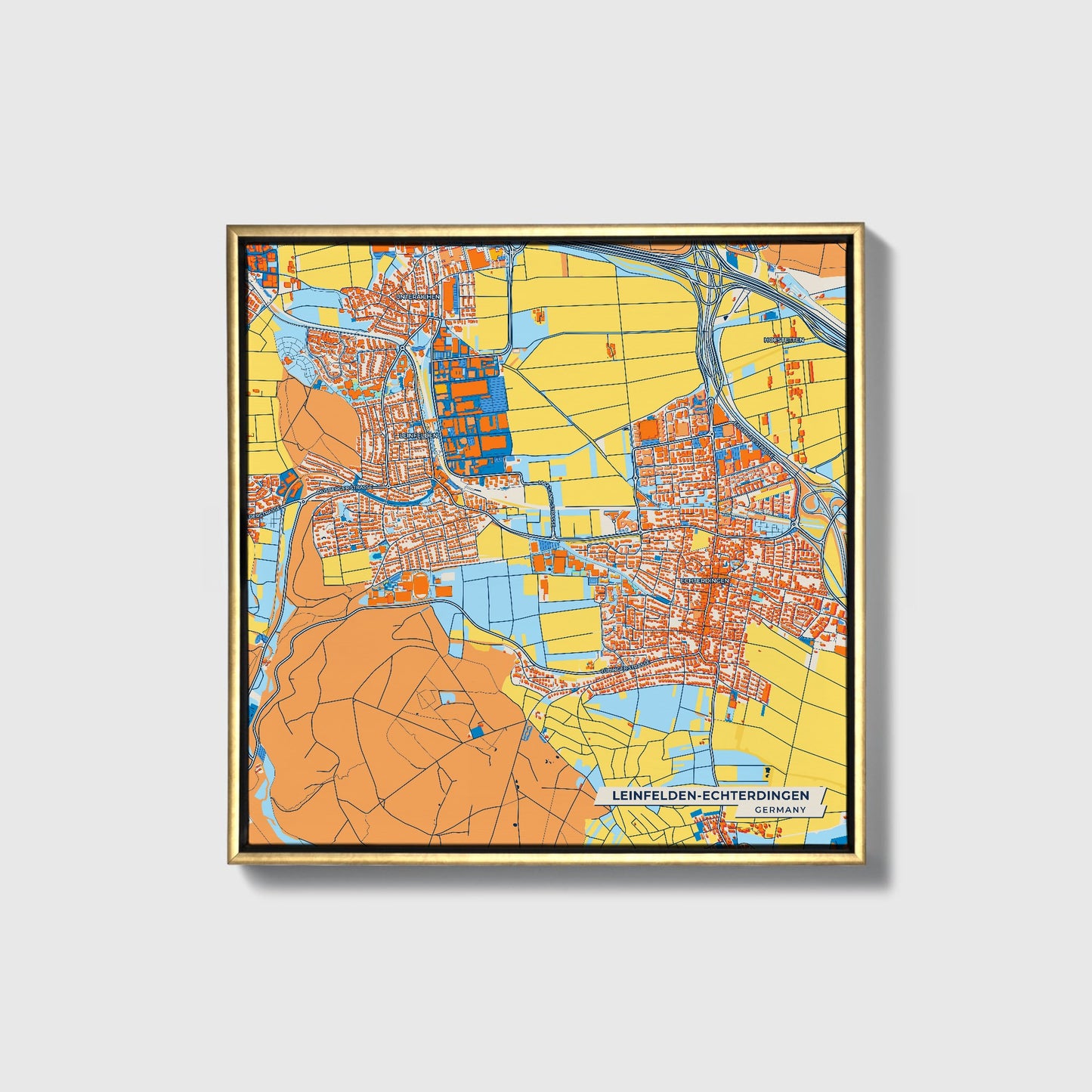 Leinfelden-Echterdingen Germany Colorful City Map Canvas Print • Gold Framed