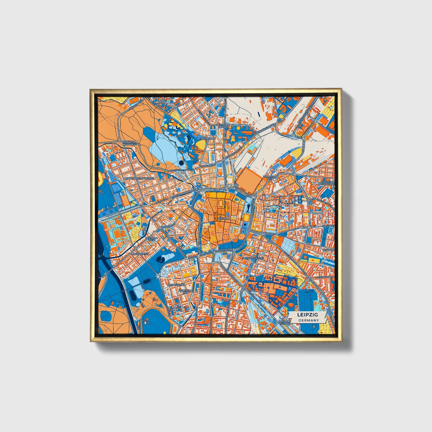Leipzig Germany Colorful City Map Canvas Print • Gold Framed