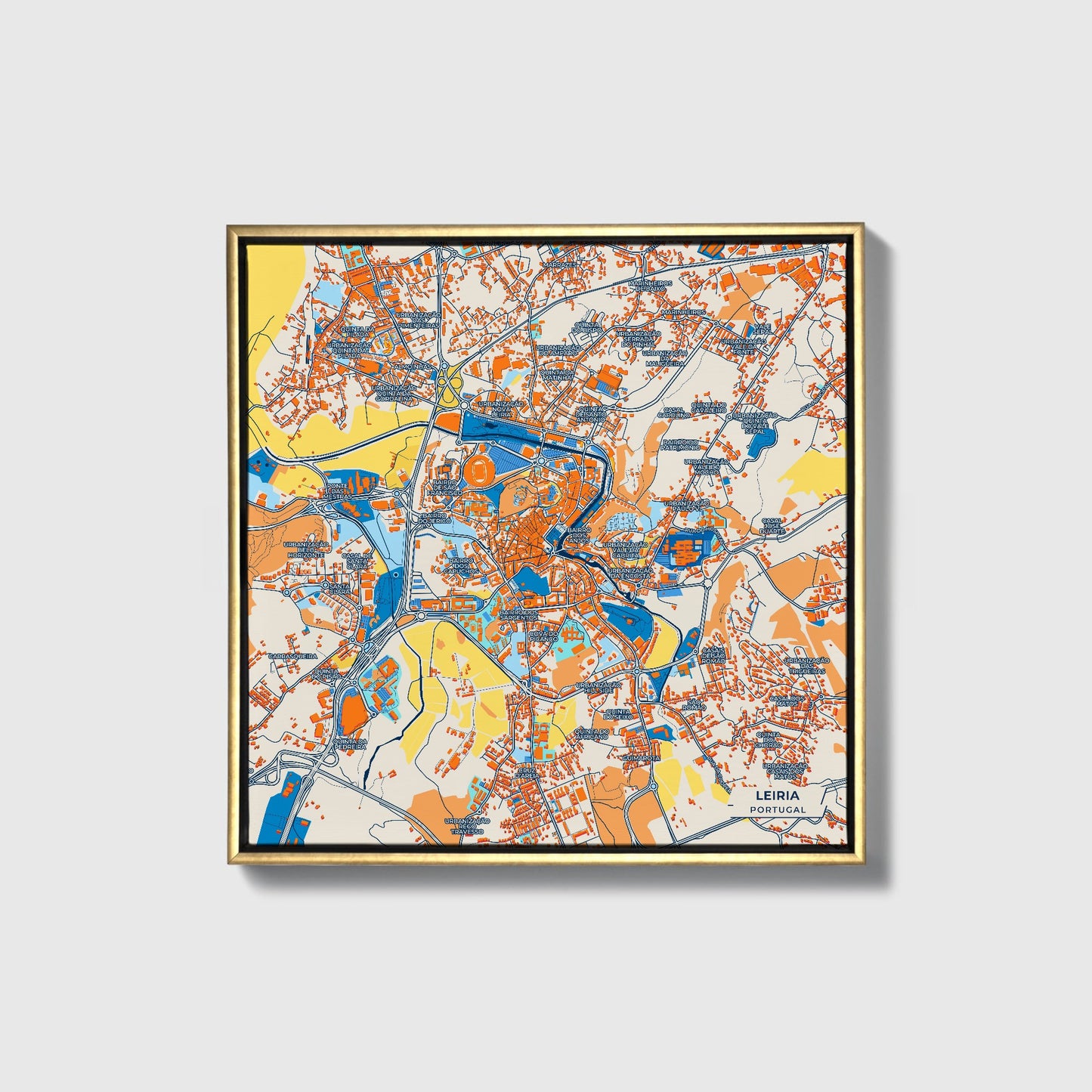 Leiria Portugal Colorful City Map Canvas Print • Gold Framed