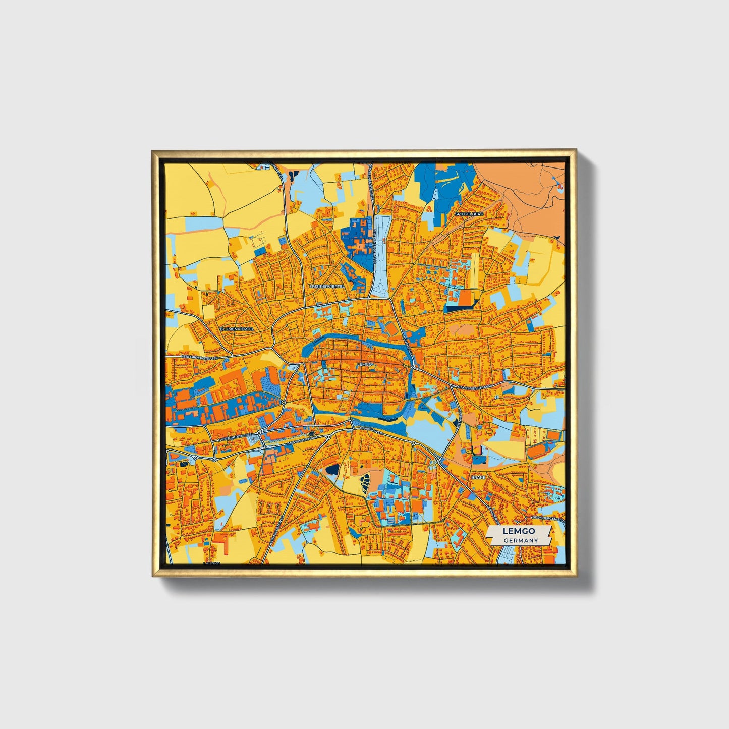 Lemgo Germany Colorful City Map Canvas Print • Gold Framed