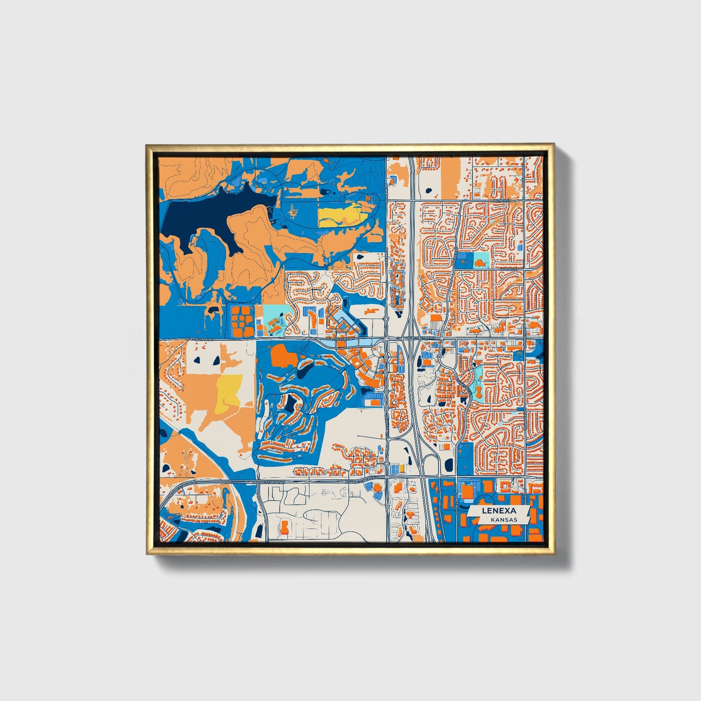 Lenexa Kansas Colorful City Map Canvas Print • Gold Framed