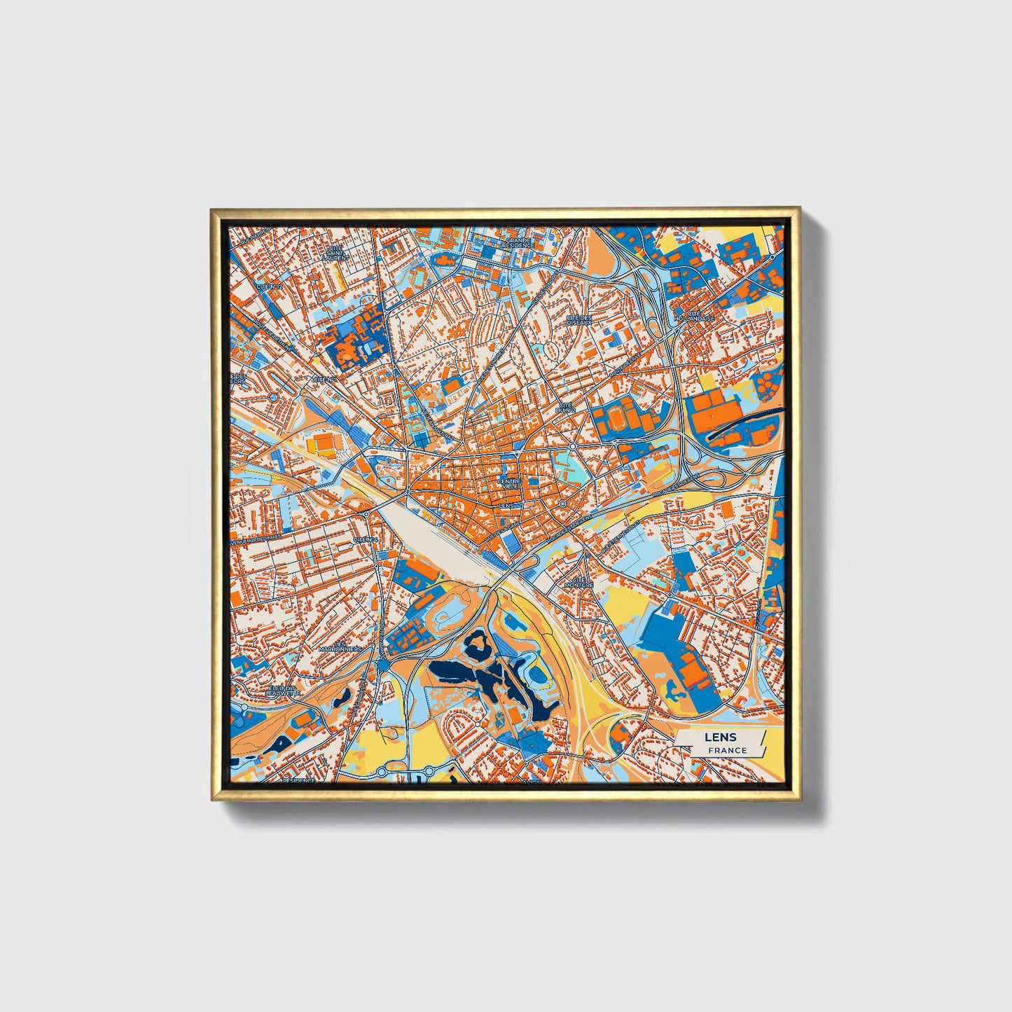 Lens France Colorful City Map Canvas Print • Gold Framed