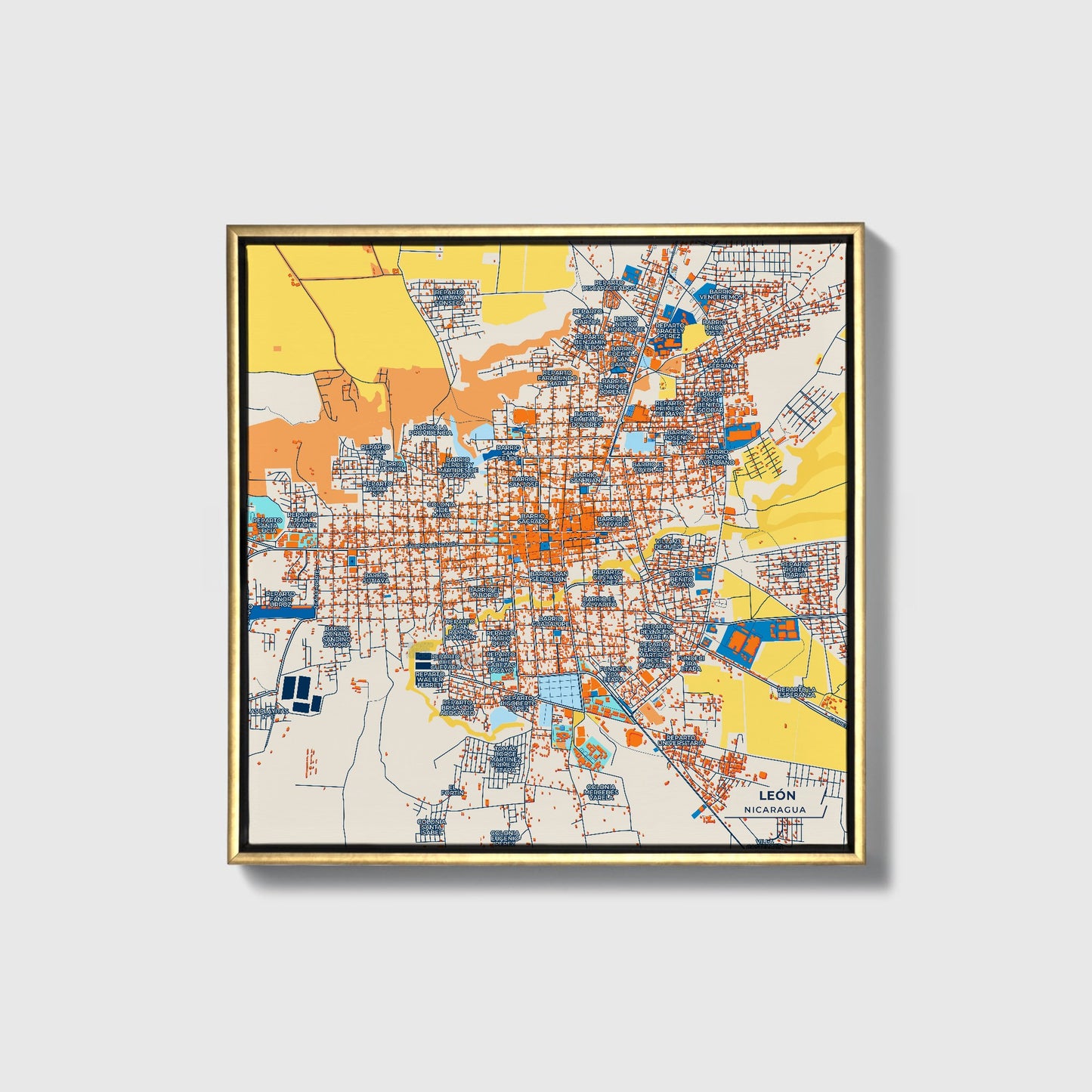 León Nicaragua Colorful City Map Canvas Print • Gold Framed