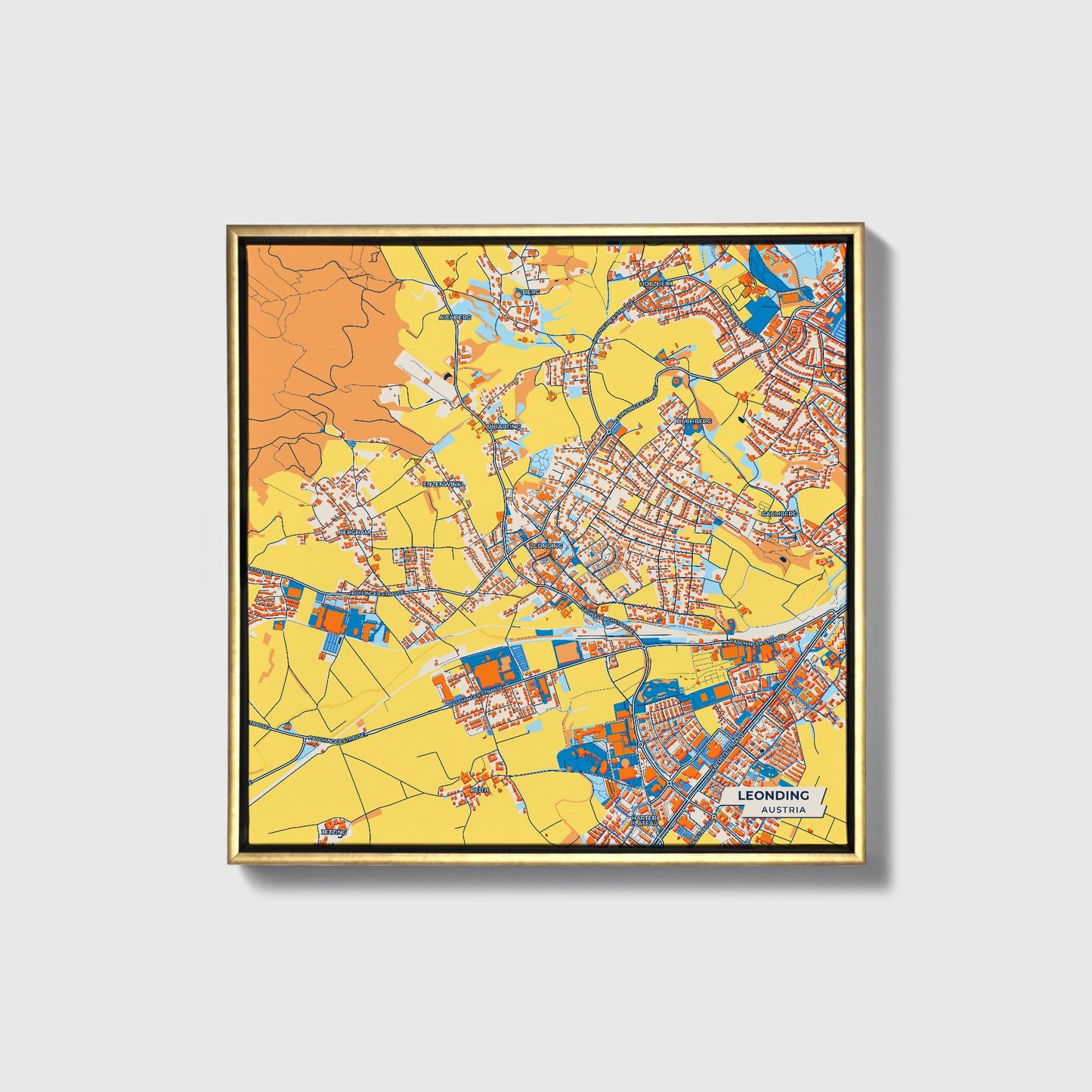 Leonding Austria Colorful City Map Canvas Print • Gold Framed