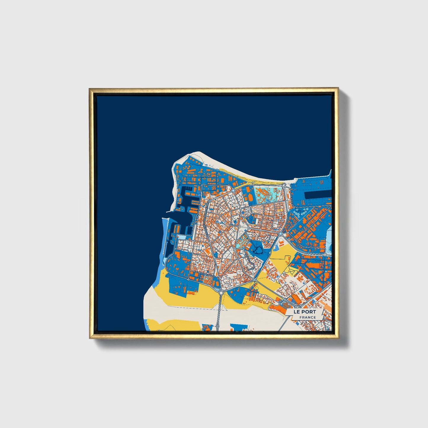 Le Port France Colorful City Map Canvas Print • Gold Framed