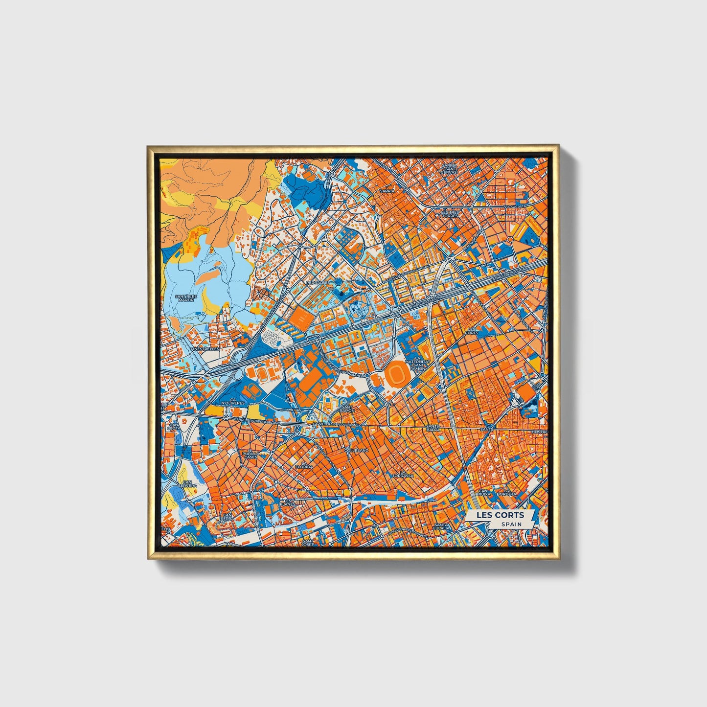 Les Corts Spain Colorful City Map Canvas Print • Gold Framed