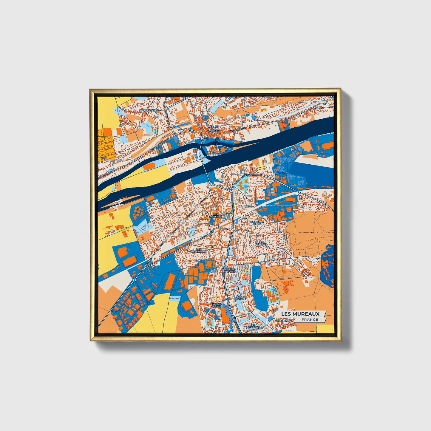 Les Mureaux France Colorful City Map Canvas Print • Gold Framed