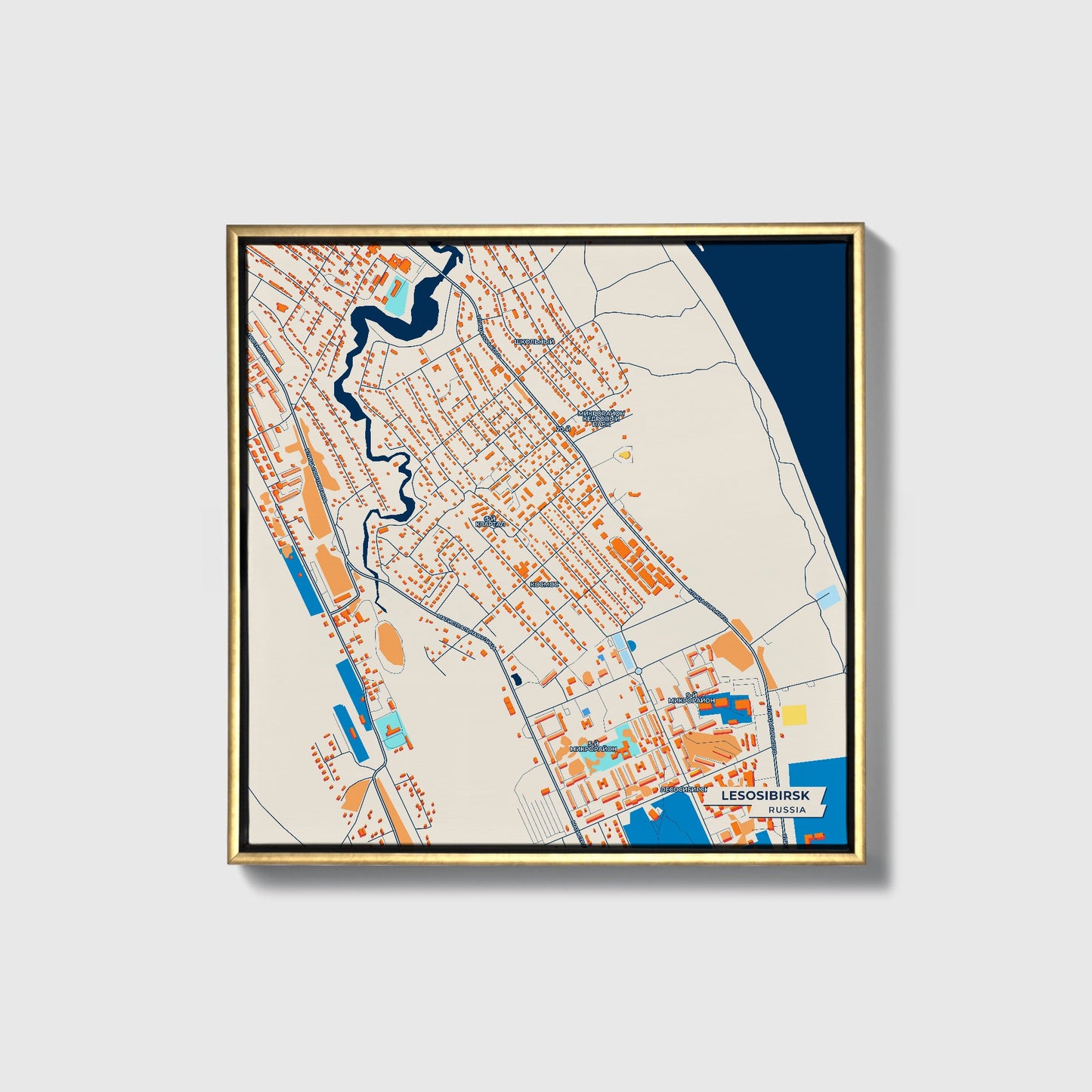 Лесосибирск Russia Colorful City Map Canvas Print • Gold Framed