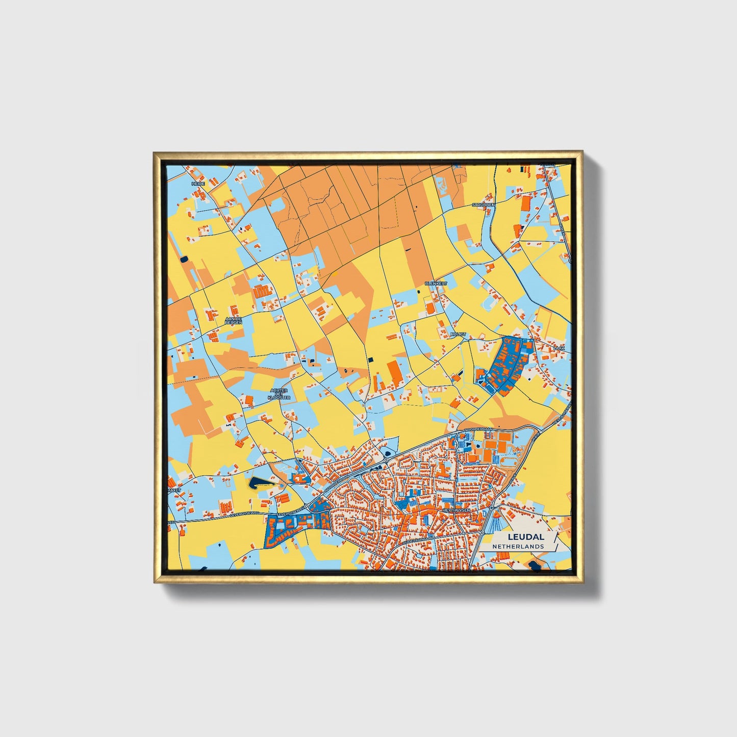 Leudal Netherlands Colorful City Map Canvas Print • Gold Framed