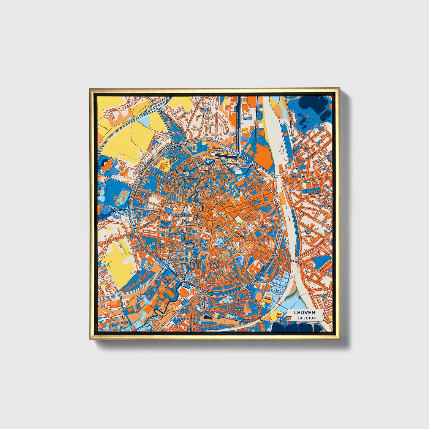 Leuven Belgium Colorful City Map Canvas Print • Gold Framed